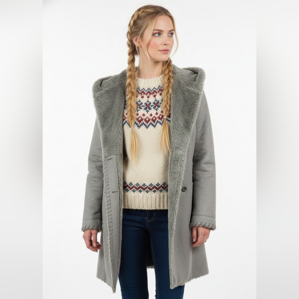 Covington Coat Gray Faux Shearling Sherpa Hooded Boho Retro Faux Fur L